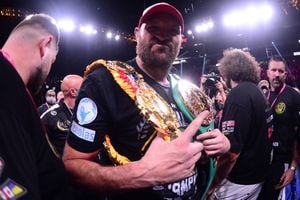 Tyson Fury celebrates after knockout